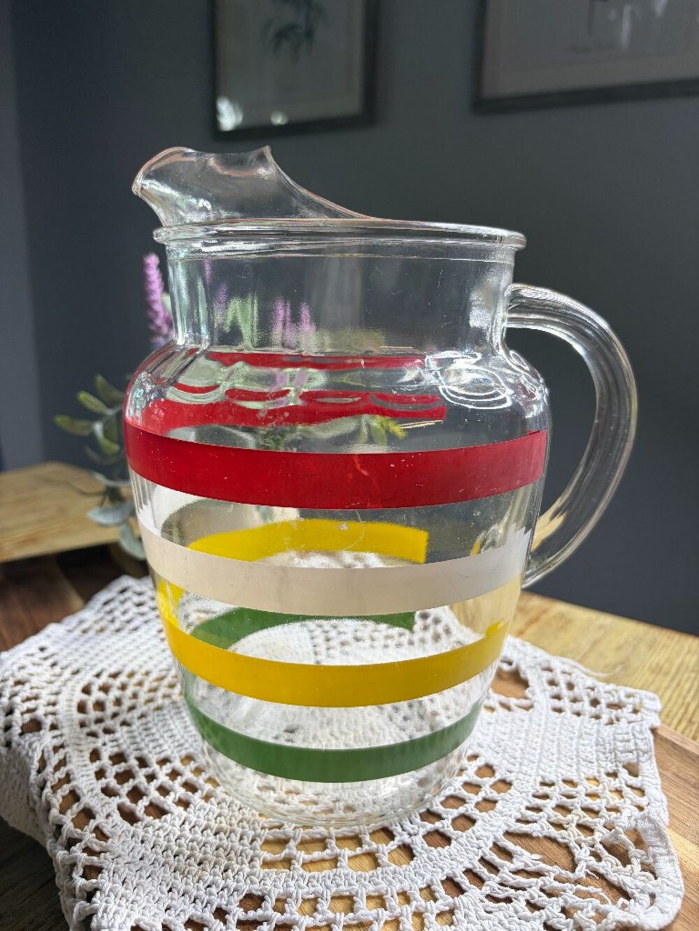1960's Anchor Hocking Glass USA Fiesta Stripes 9" high ice lip pitcher-NO CHIPS